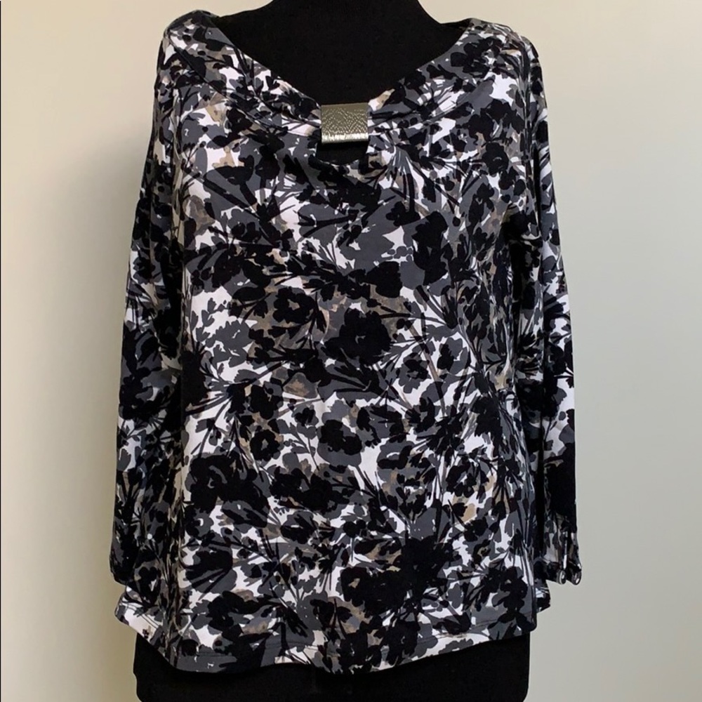 Rafaella Shirt Top-Black White Gray Tan Floral Pattern-Silver Button Accent-PL